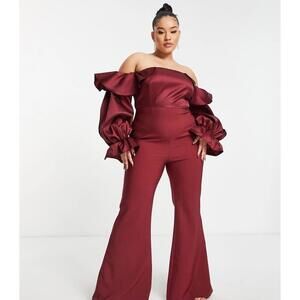 ASOS LUXE Curve Satin Shiny Wide Leg Jumpsuit Size 14 Wine/Burgundy Off Shoulder